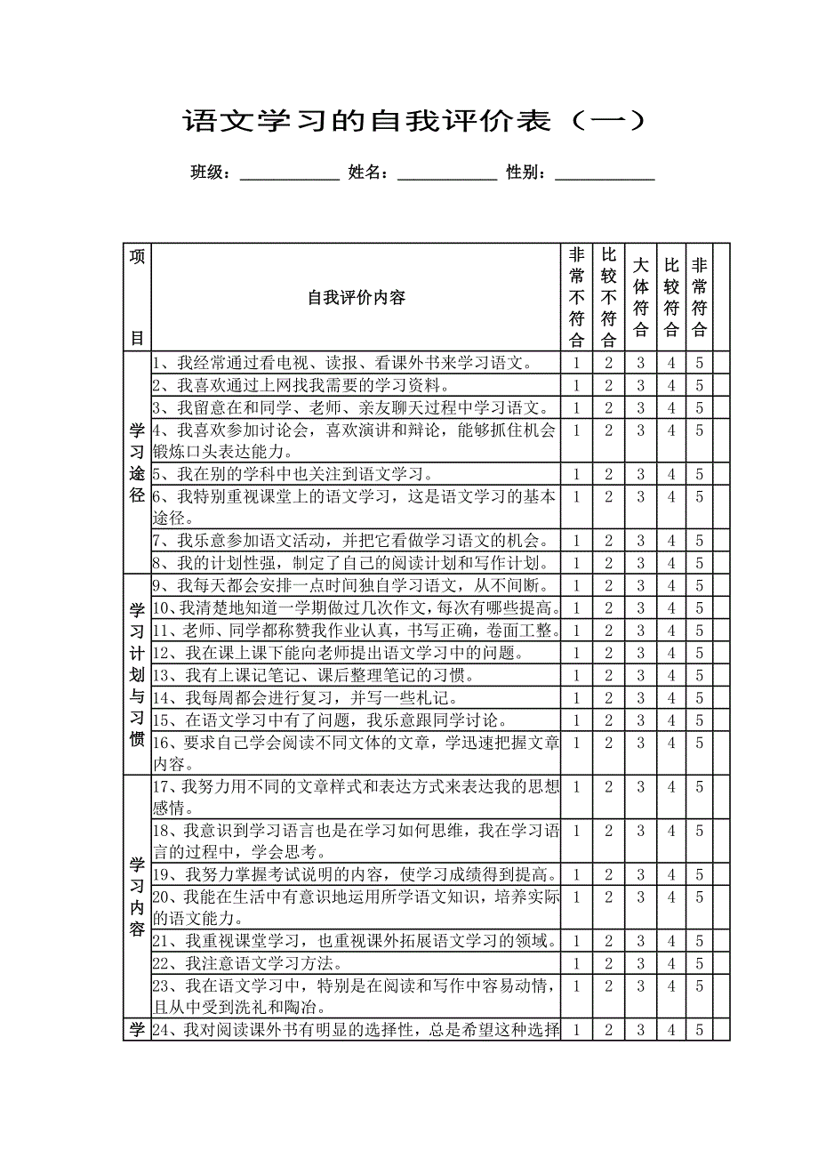 语文学习的自我评价表(一)_第1页