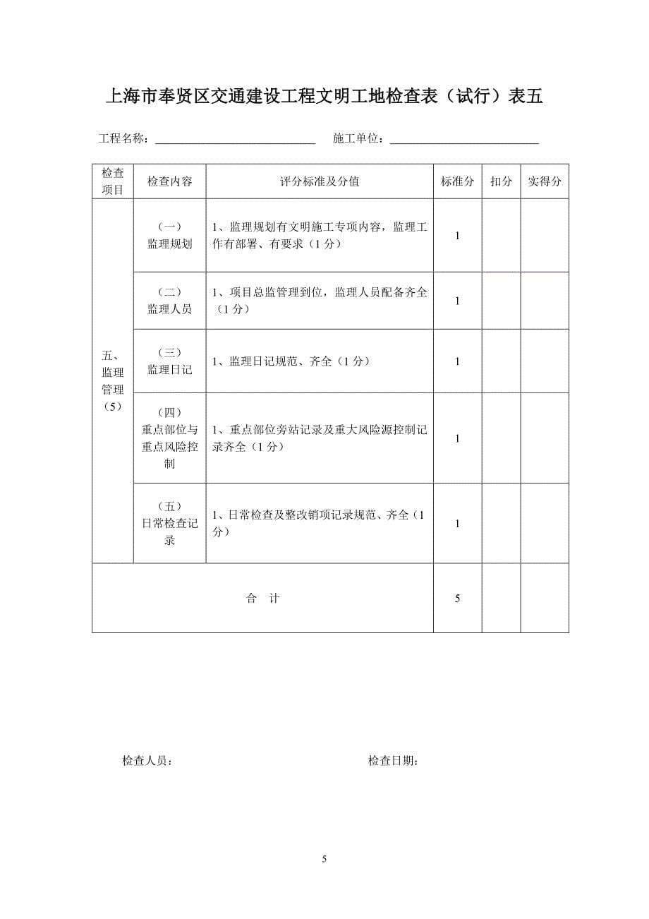 上海奉贤区交通建设工程文明工地检查表试行表一_第5页