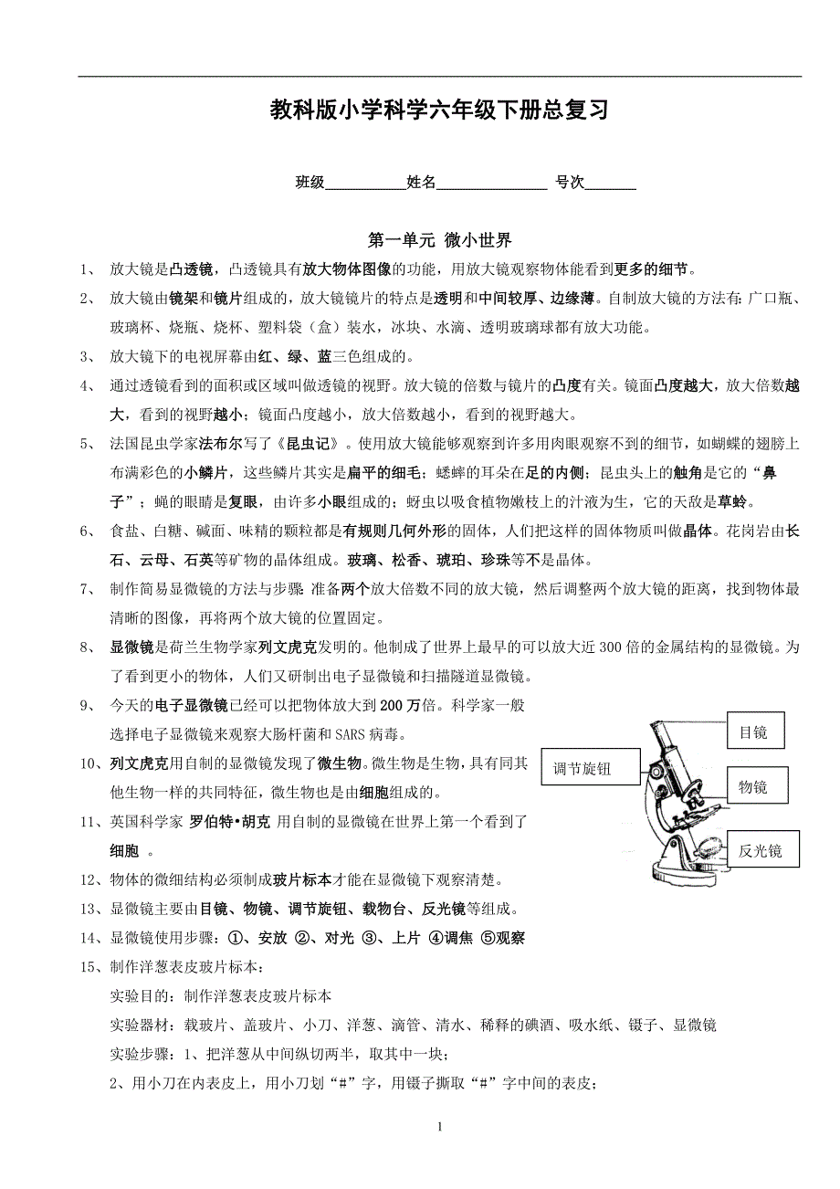 教科版小学科学六年级下册总复习_第1页