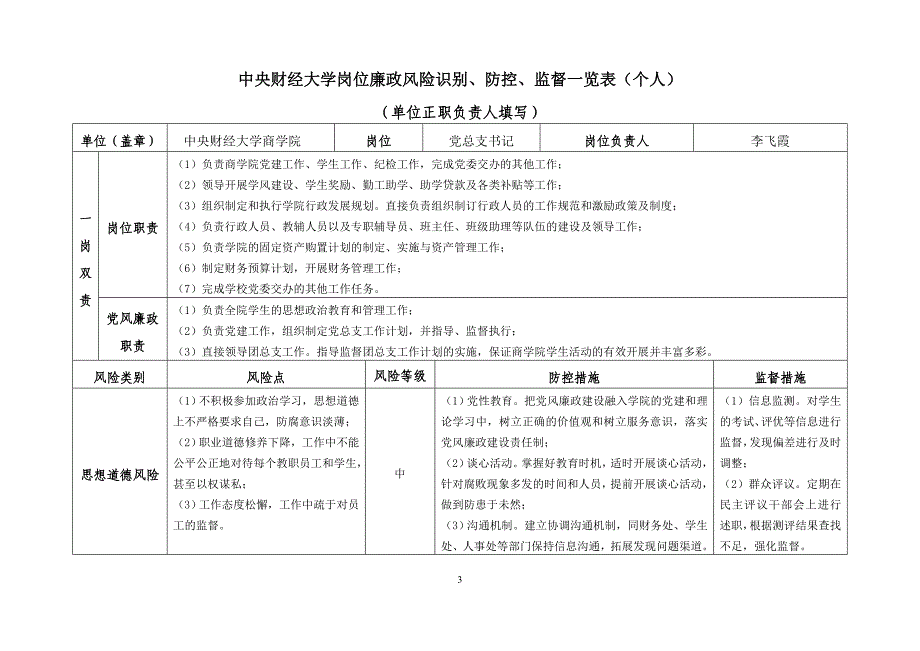 中央财经大学岗位廉政风险识别个人单位正职负责人填写_第3页