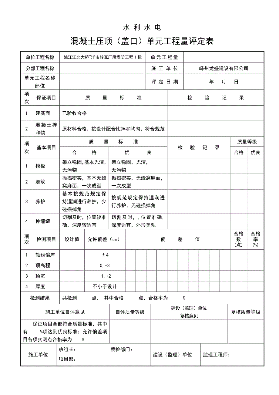 c20砼压顶单元工程质量评定表_第1页