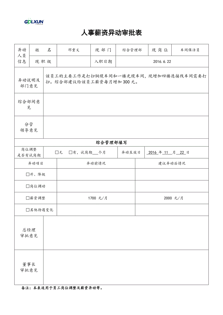 薪资异动审批表(模版)_第1页