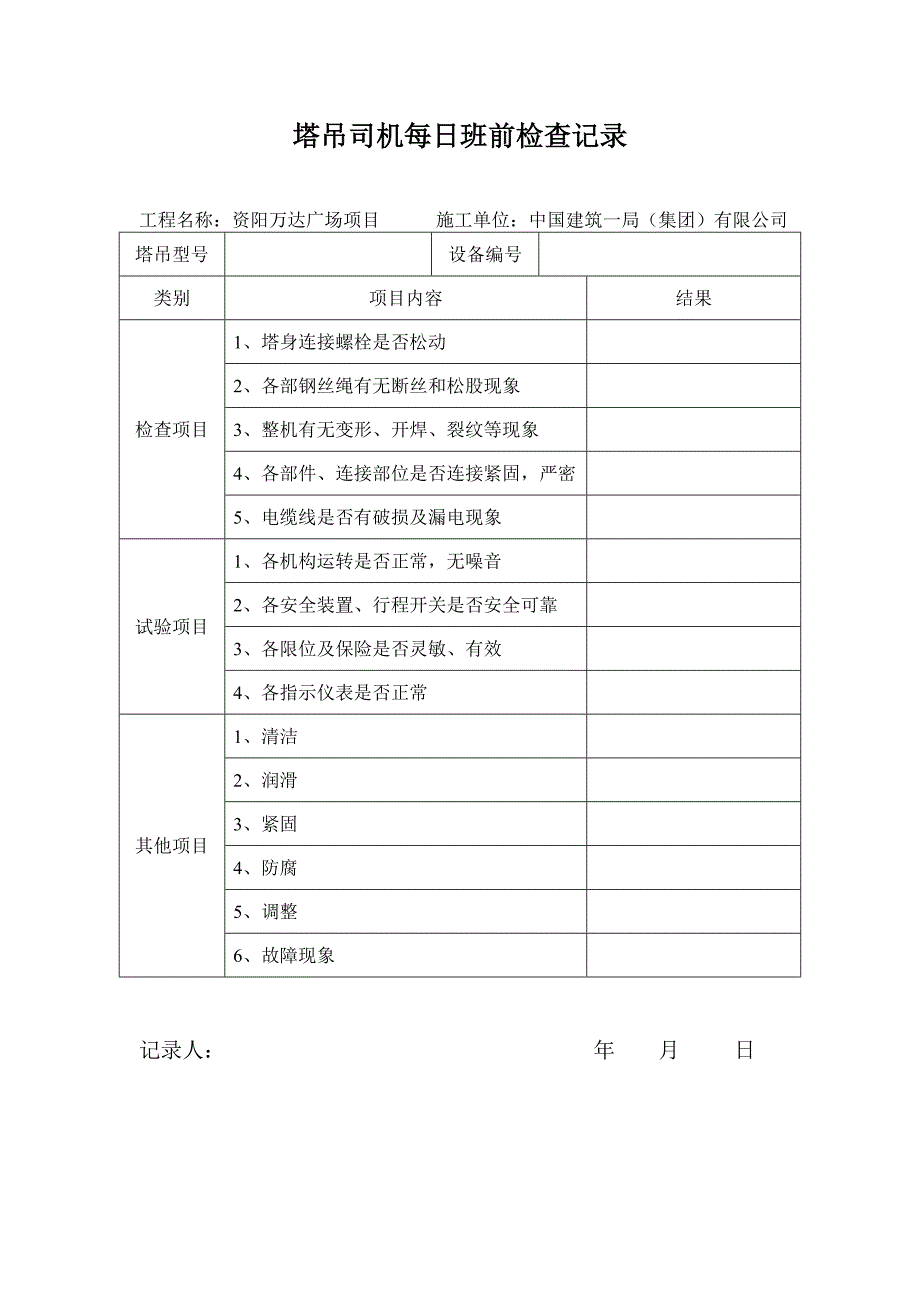 塔吊司机每日班前检查记录_第1页