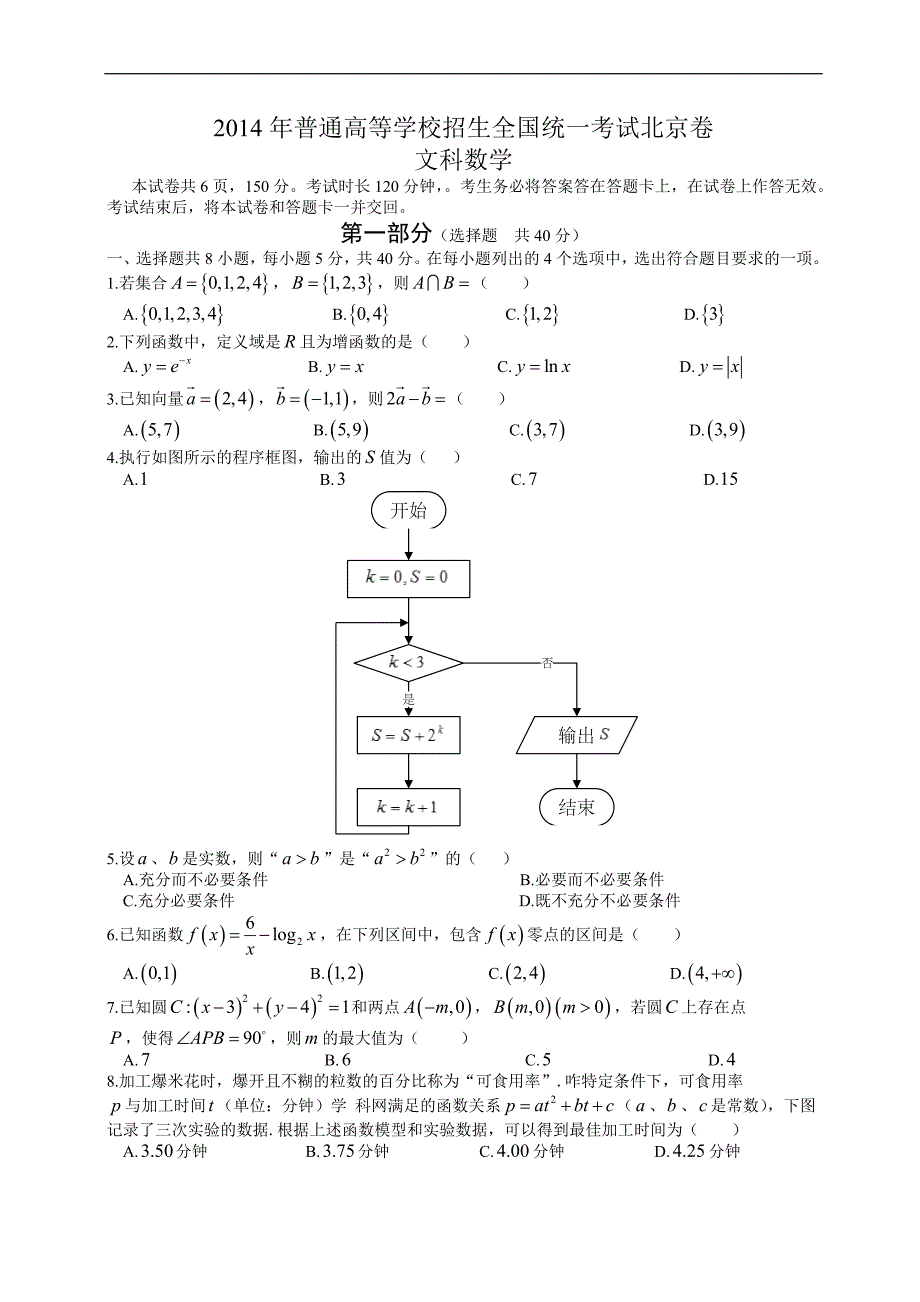 北京高考文科数学试题及答案Word版_第1页