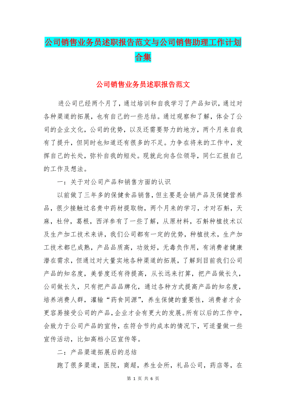 公司销售业务员述职报告范文与公司销售助理工作计划合集_第1页