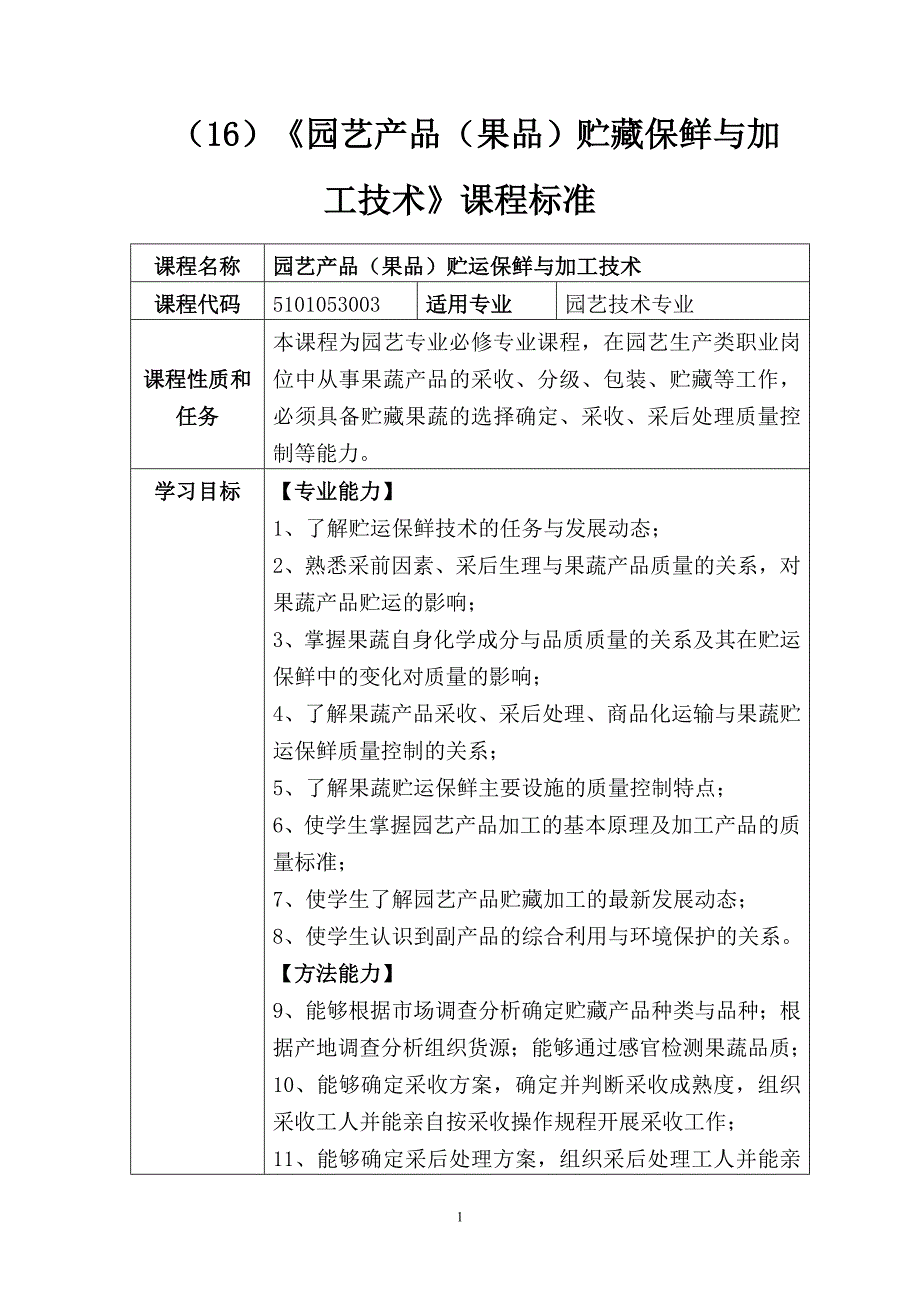 园艺产品果品贮运保鲜与加工技术课程标准_第1页