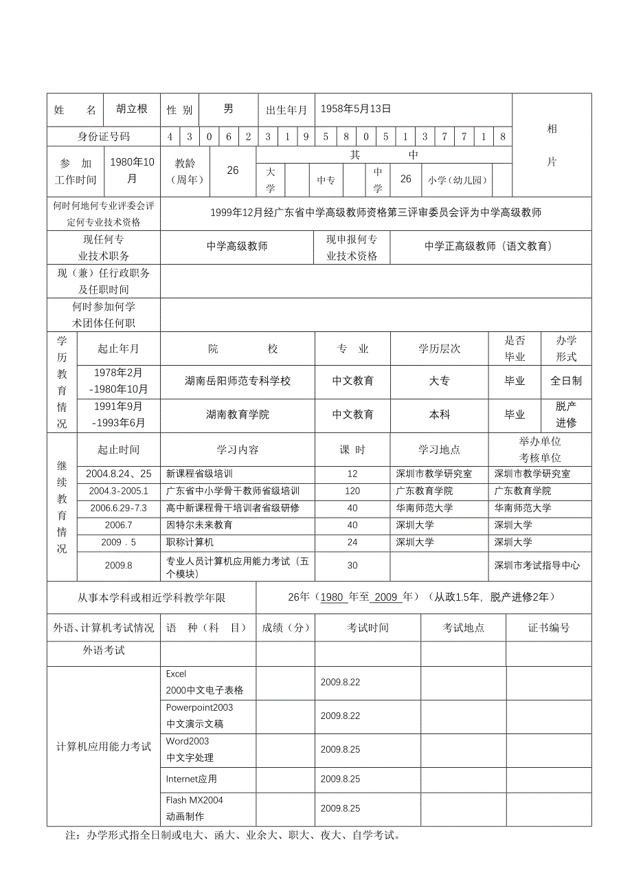 申报表广东省教师专业技术资格_第4页