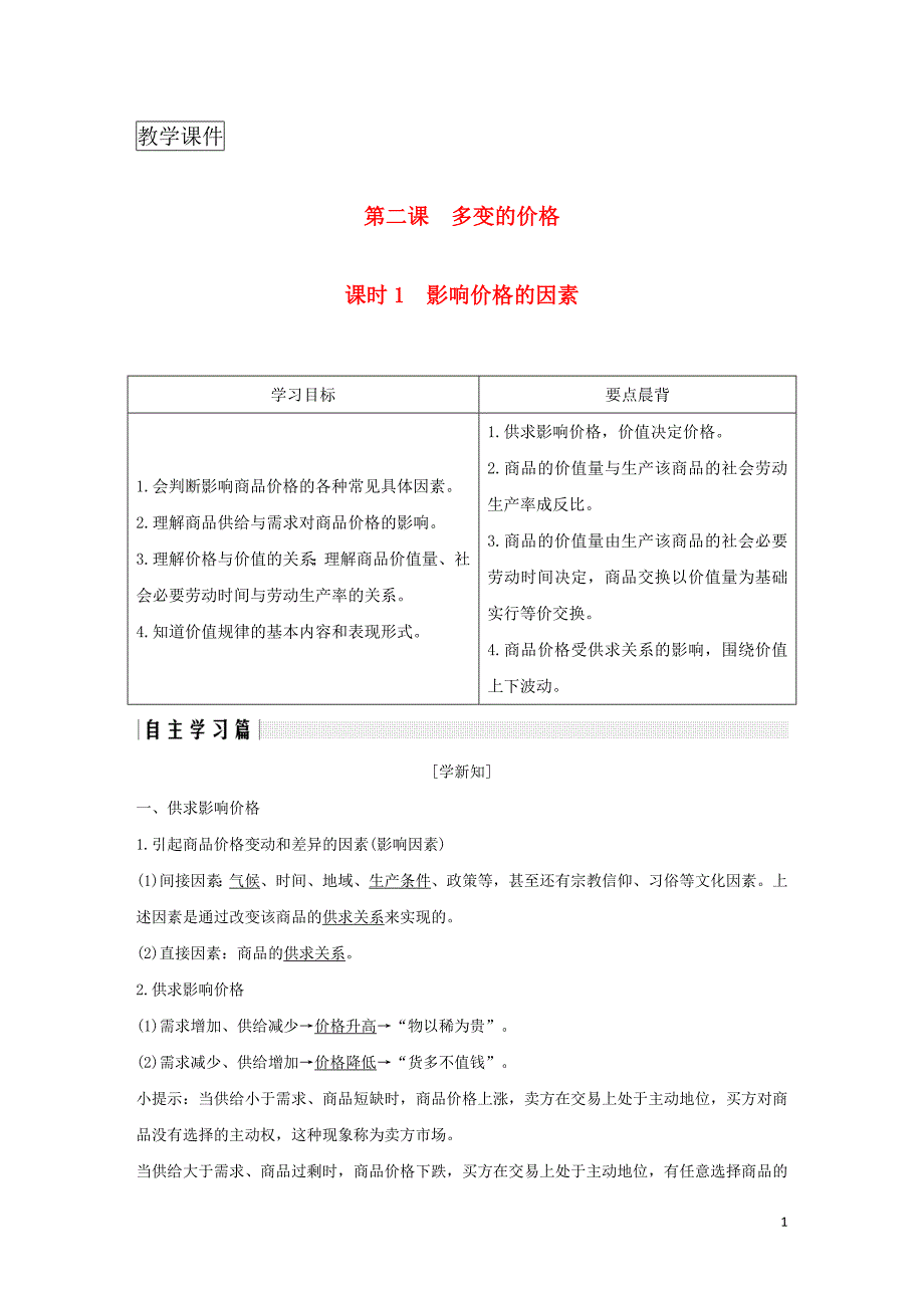 高中政治生活与消费多变的价格1影响价格的因素学案新人教版_第1页