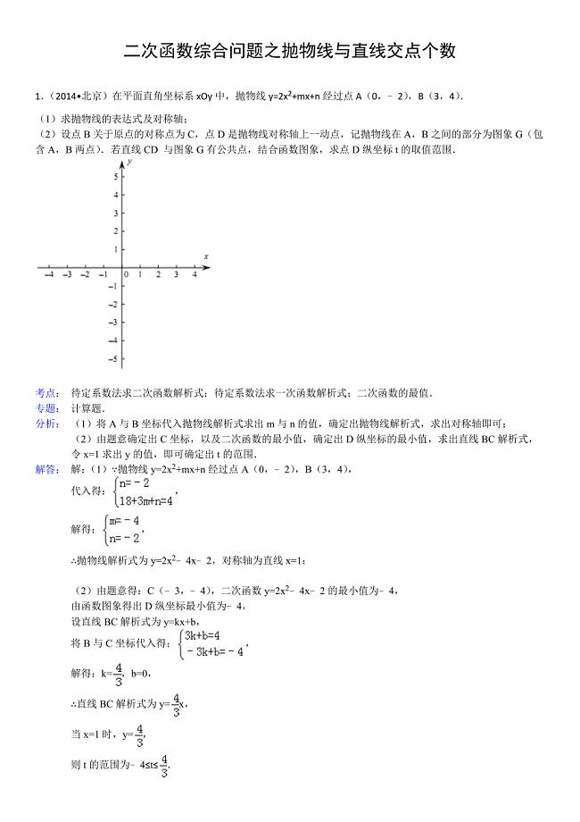 二次函数综合问题之抛物线与直线交点个数问题[1]