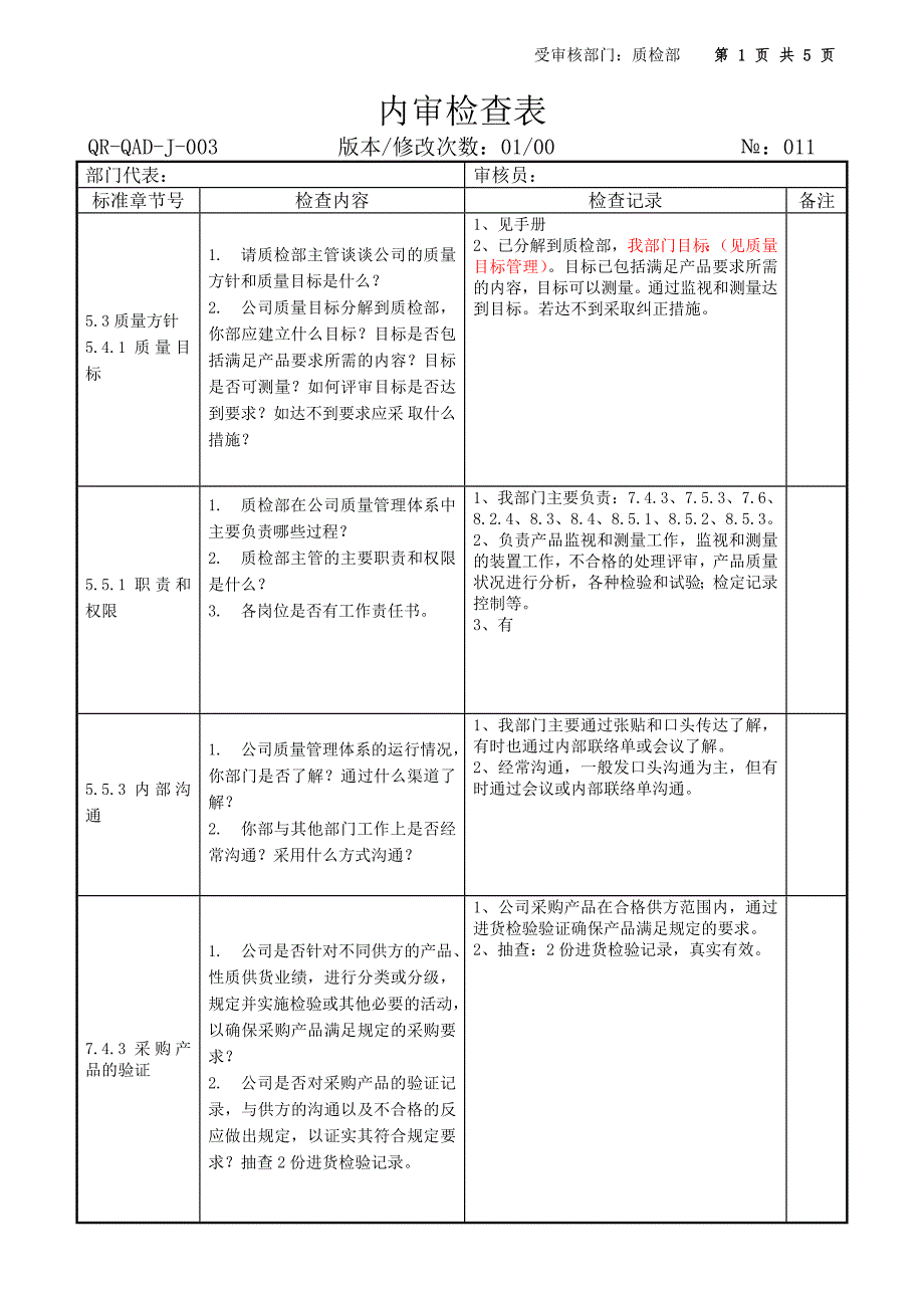 质检部内审检查表及审核内容_第1页