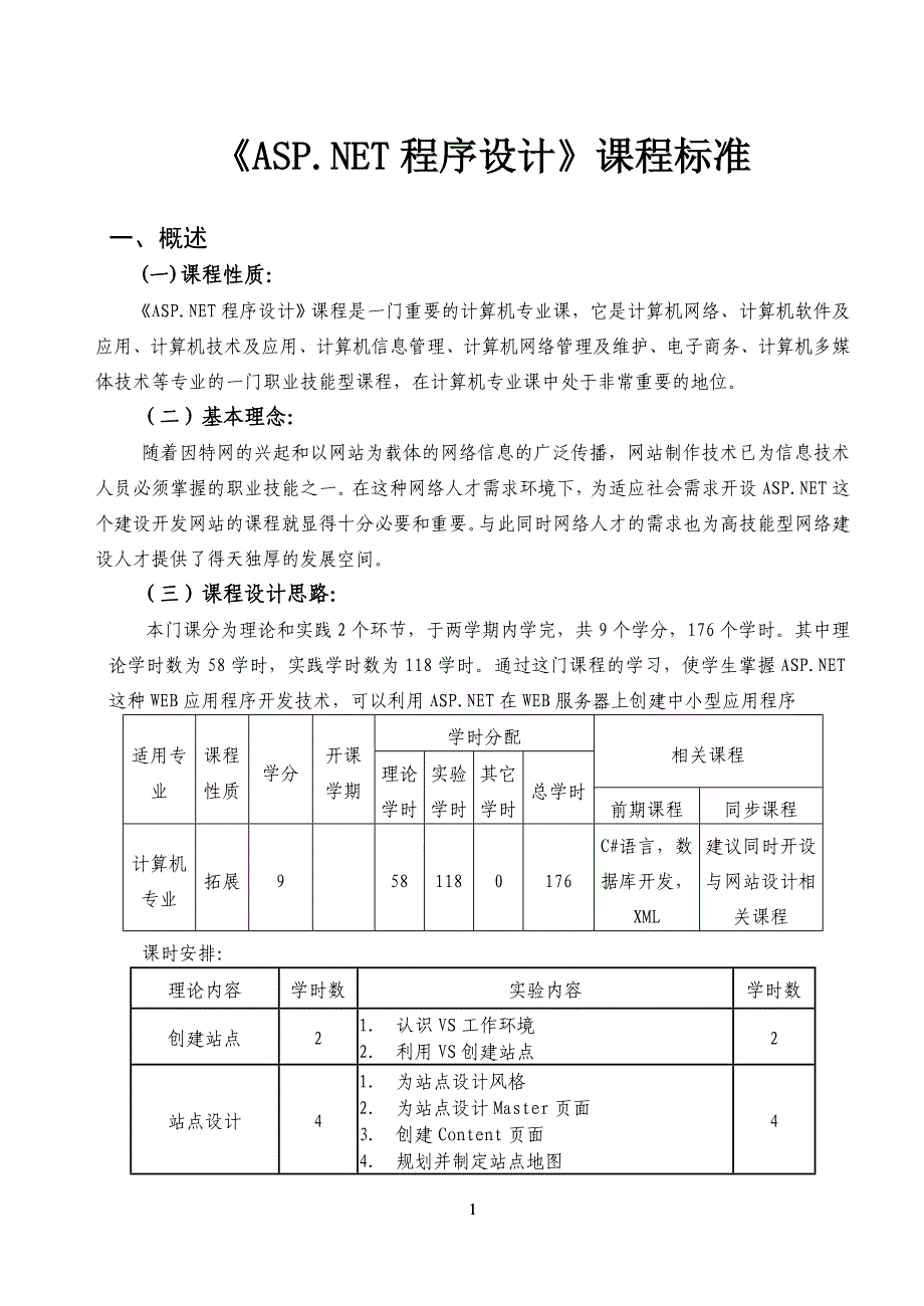 ASPNET程序设计课程标准_第1页