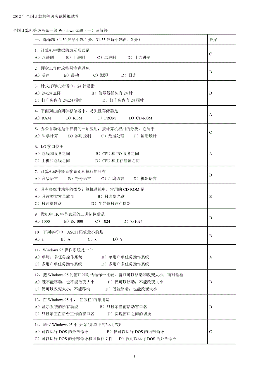 最珍贵八套全国计算机等级考试一级Windows试题及解答_第1页