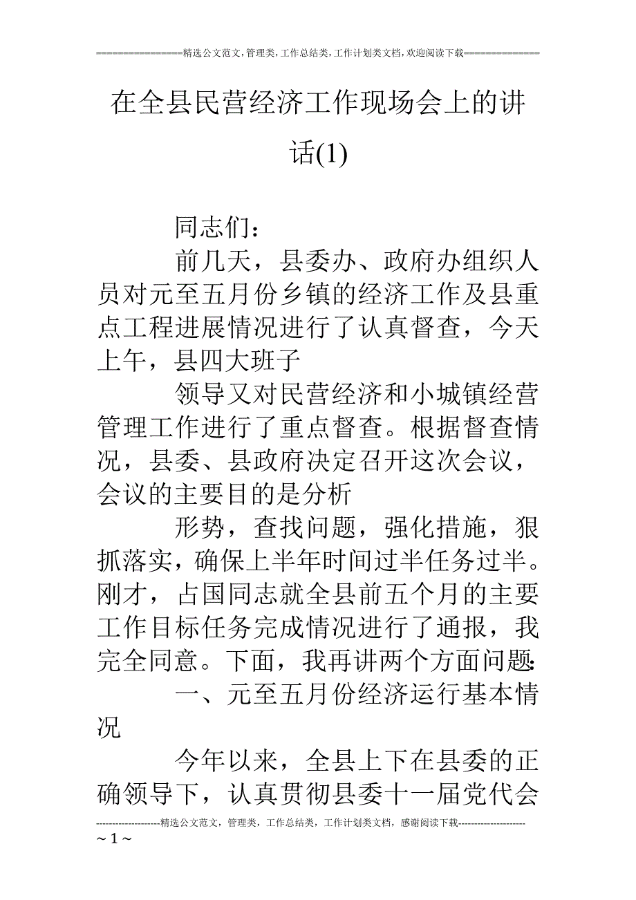 在全县民营经济工作现场会上的讲话(1)_第1页