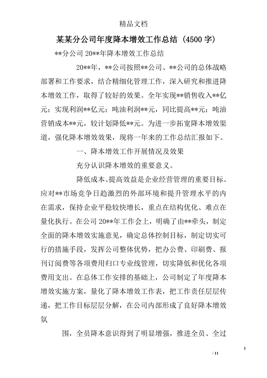 某某分公司年度降本增效工作总结4500字_第1页