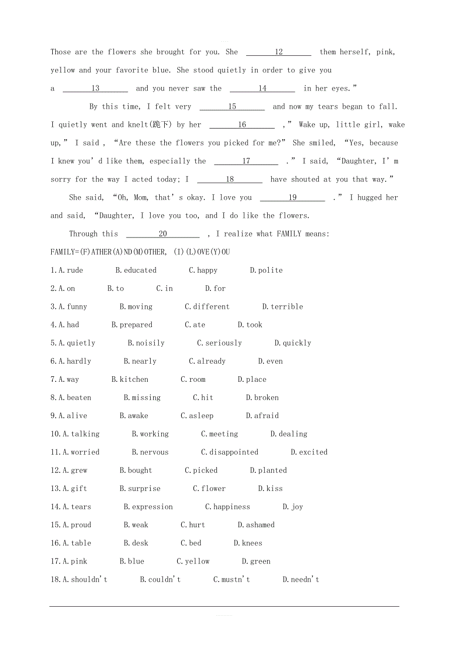 2020届高考英语一轮复习完形填空专题集训---故事类（一）（含答案解析）_第3页