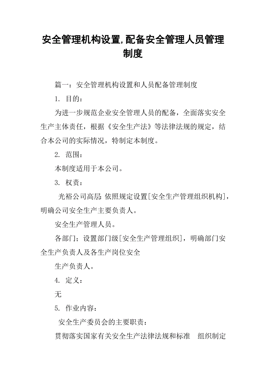 安全管理机构设置,配备安全管理人员管理制度_第1页