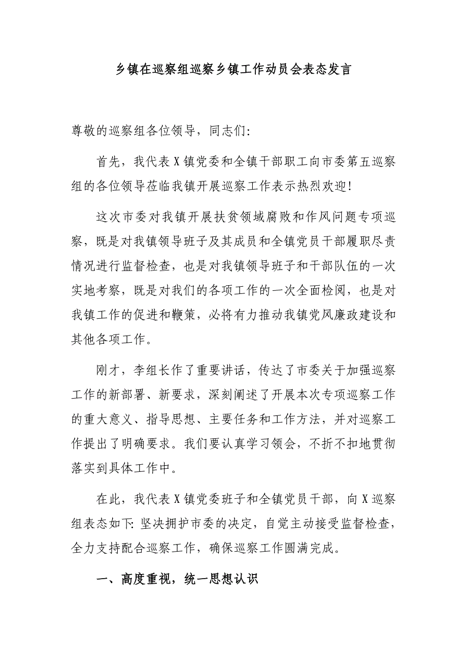 乡镇在巡察组巡察乡镇工作动员会表态发言_第1页