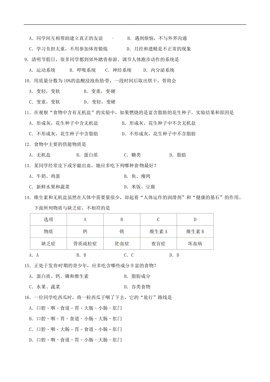 江苏省大丰区万盈镇沈灶初级中学2018-2019学年七年级下学期第一次学情检测生物试题（含答案）_第2页