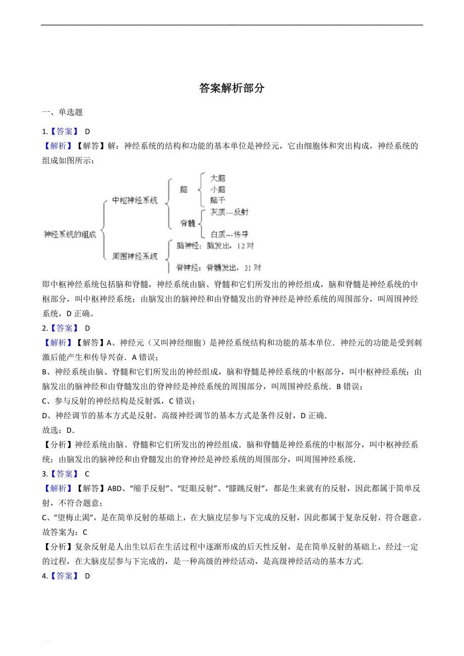 济南版七年级下册生物跟踪训练 5.人体生命活动的调节--精编含解析_第5页