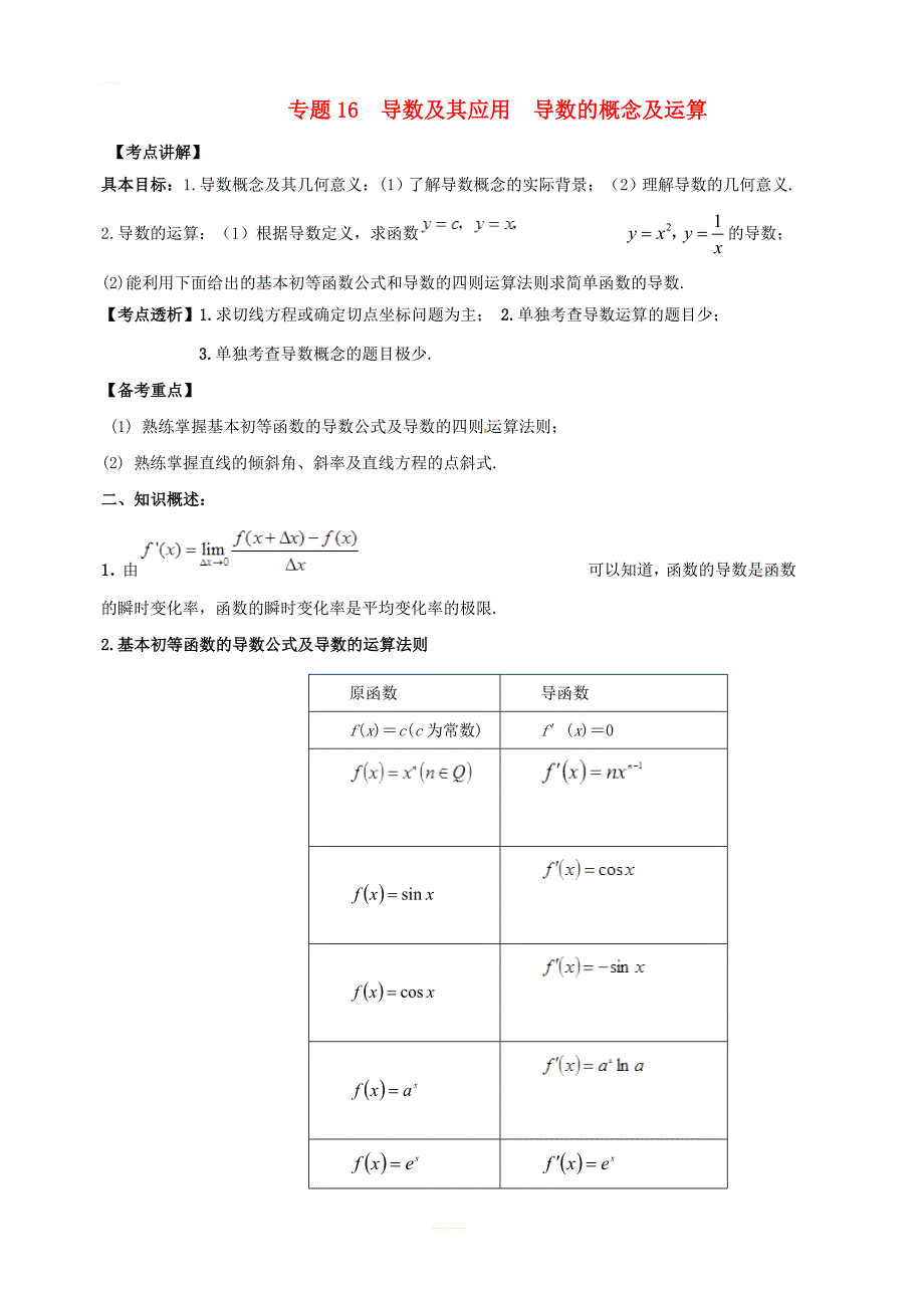 2019年高考数学高频考点揭秘与仿真测试专题16导数及其应用导数的概念及运算文含解析_第1页