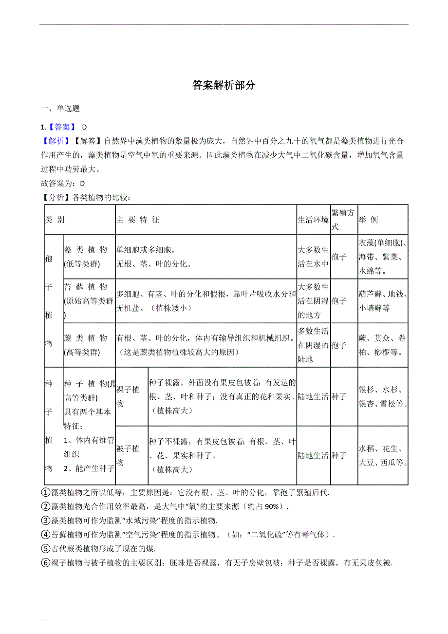 鲁科版（五四制）六年级下册生物跟踪训练 第一章 生物圈中有哪些绿色植物（带解析）_第4页