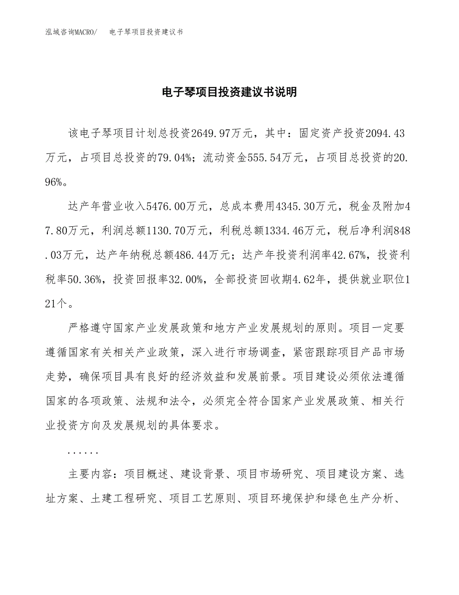 电子琴项目投资建议书(总投资3000万元)_第2页