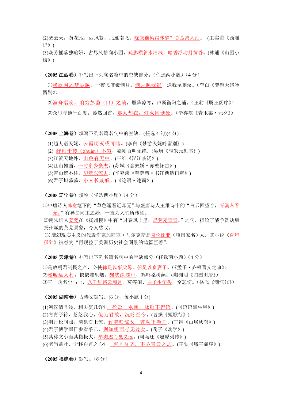 2004--2015历年高考名言名句默写题汇编_第4页