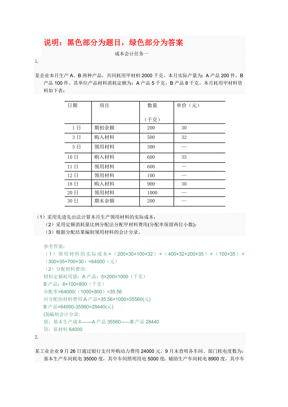 2015电大会计专科成本会计形考任务答案  (1)_第1页