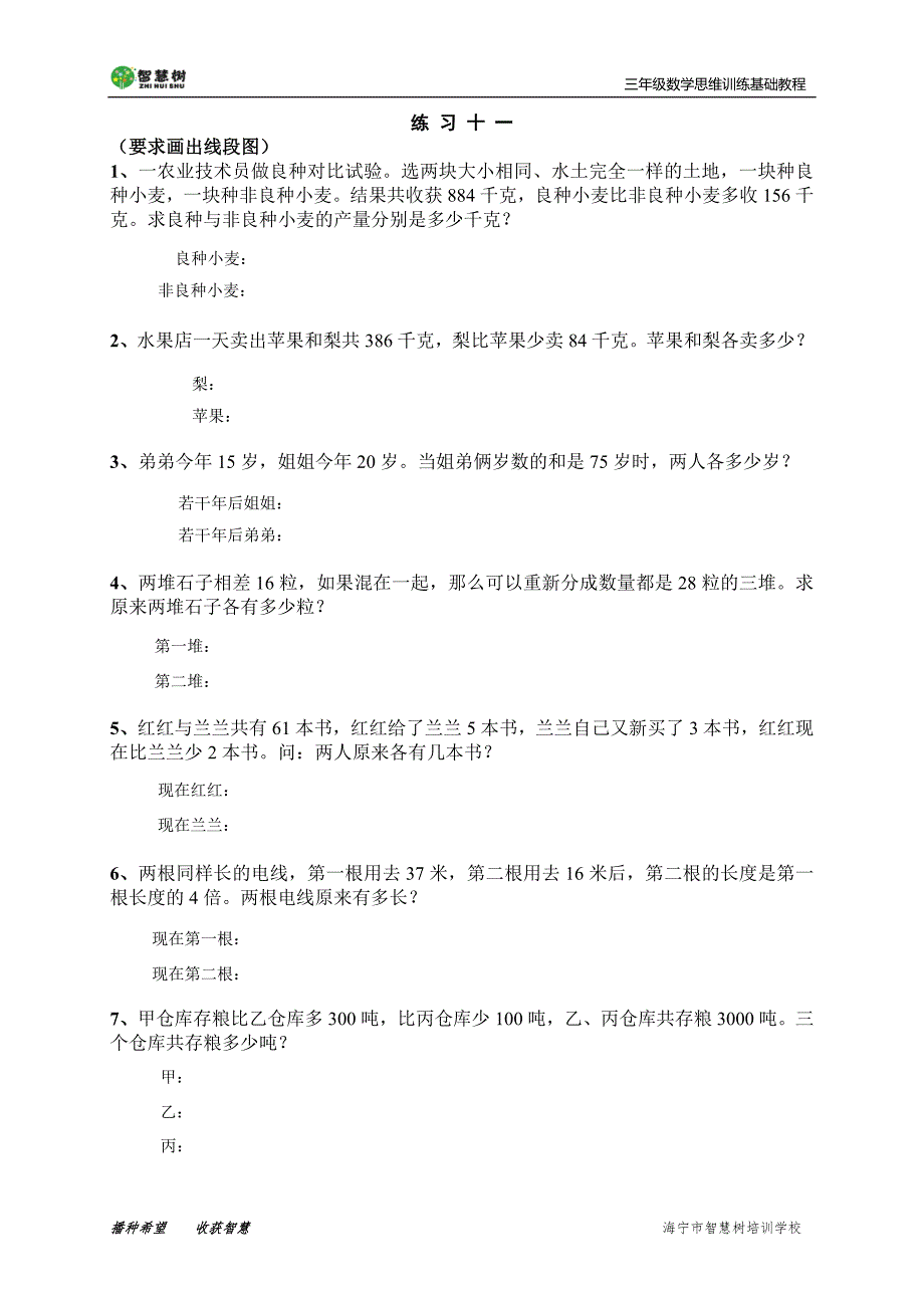 三年级数学思维训练基础第11讲用画图法解决和差问题_第2页