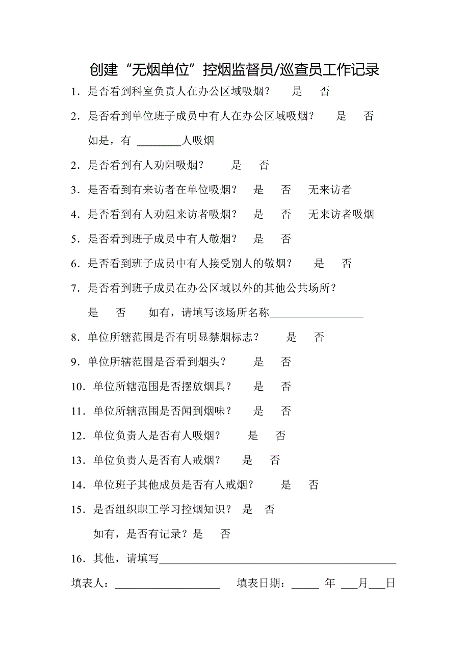 创建无烟单位控烟监督员巡查员工作记录.doc_第1页