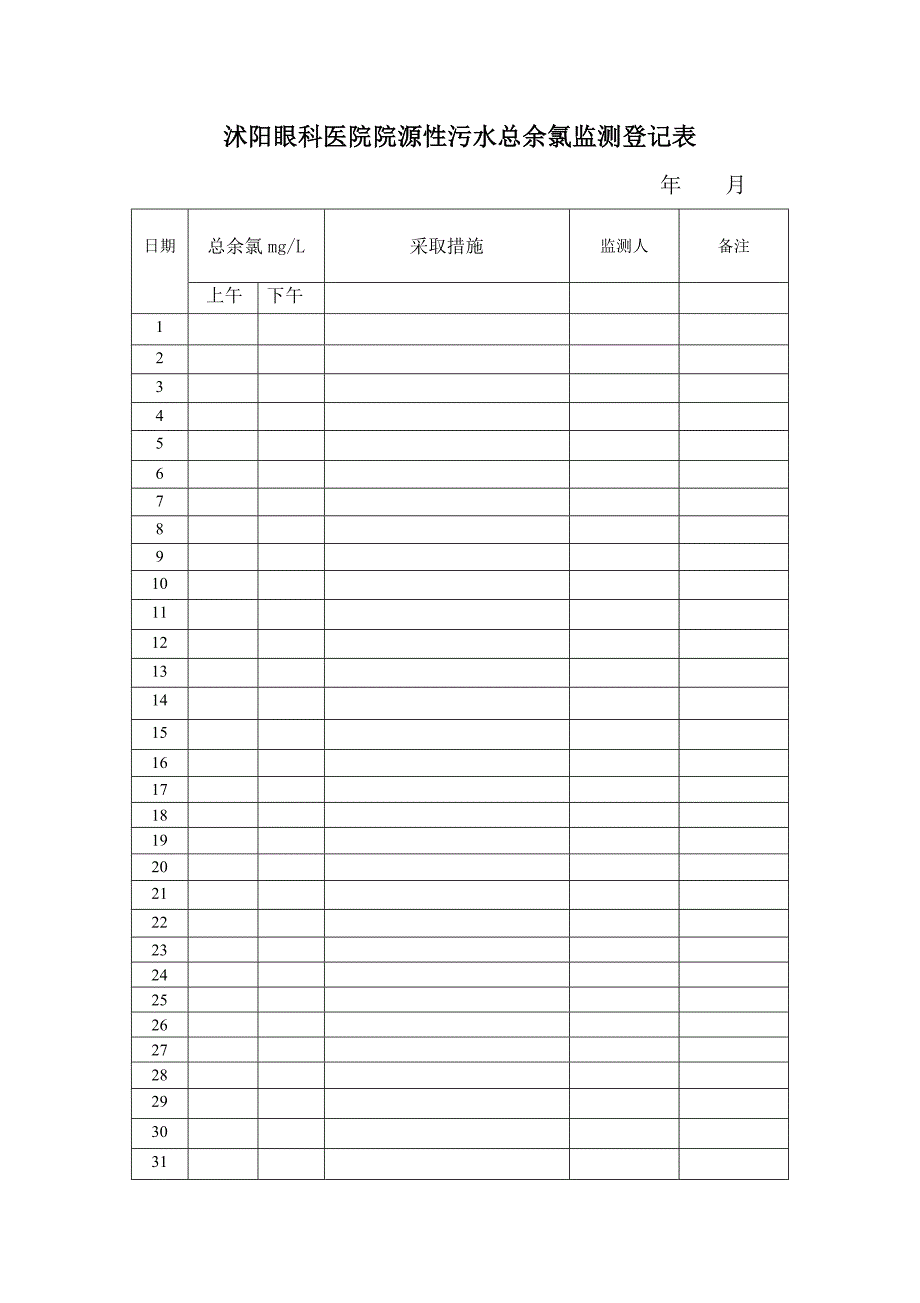 医院院源性污水总余氯监测登记表_第1页