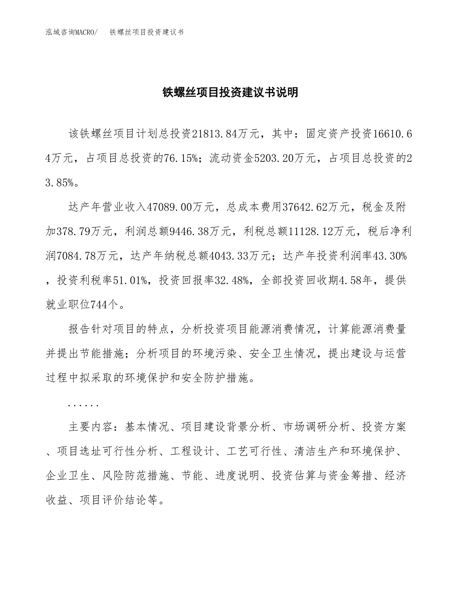 铁螺丝项目投资建议书(总投资22000万元)_第2页