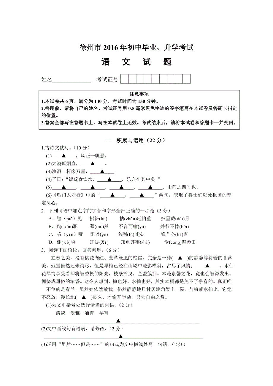 初中语文新课程标准测试卷2016中考模板_第4页