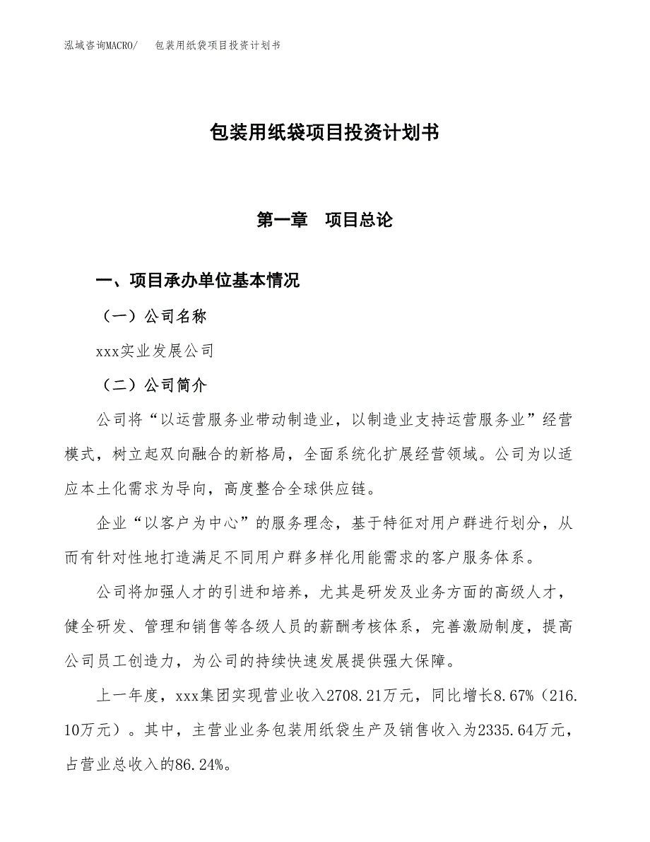 （参考版）包装用纸袋项目投资计划书_第1页