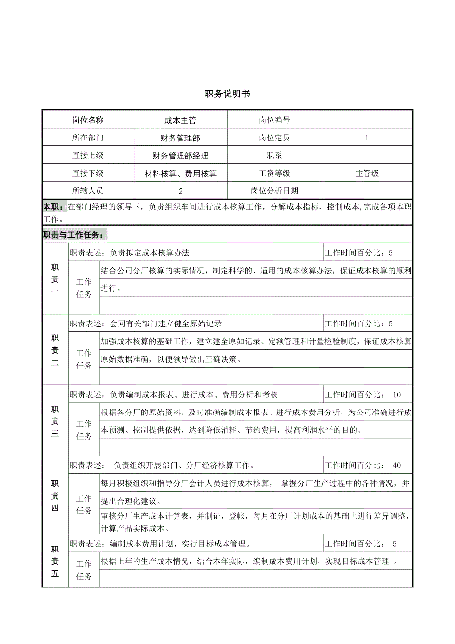 财务管理部成本主管岗位描述_第1页