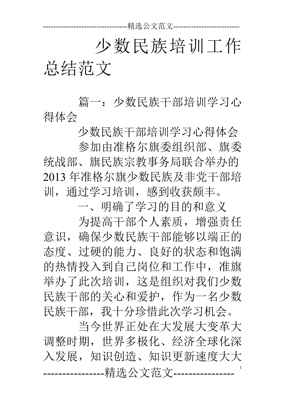 少数民族培训工作总结范文_第1页