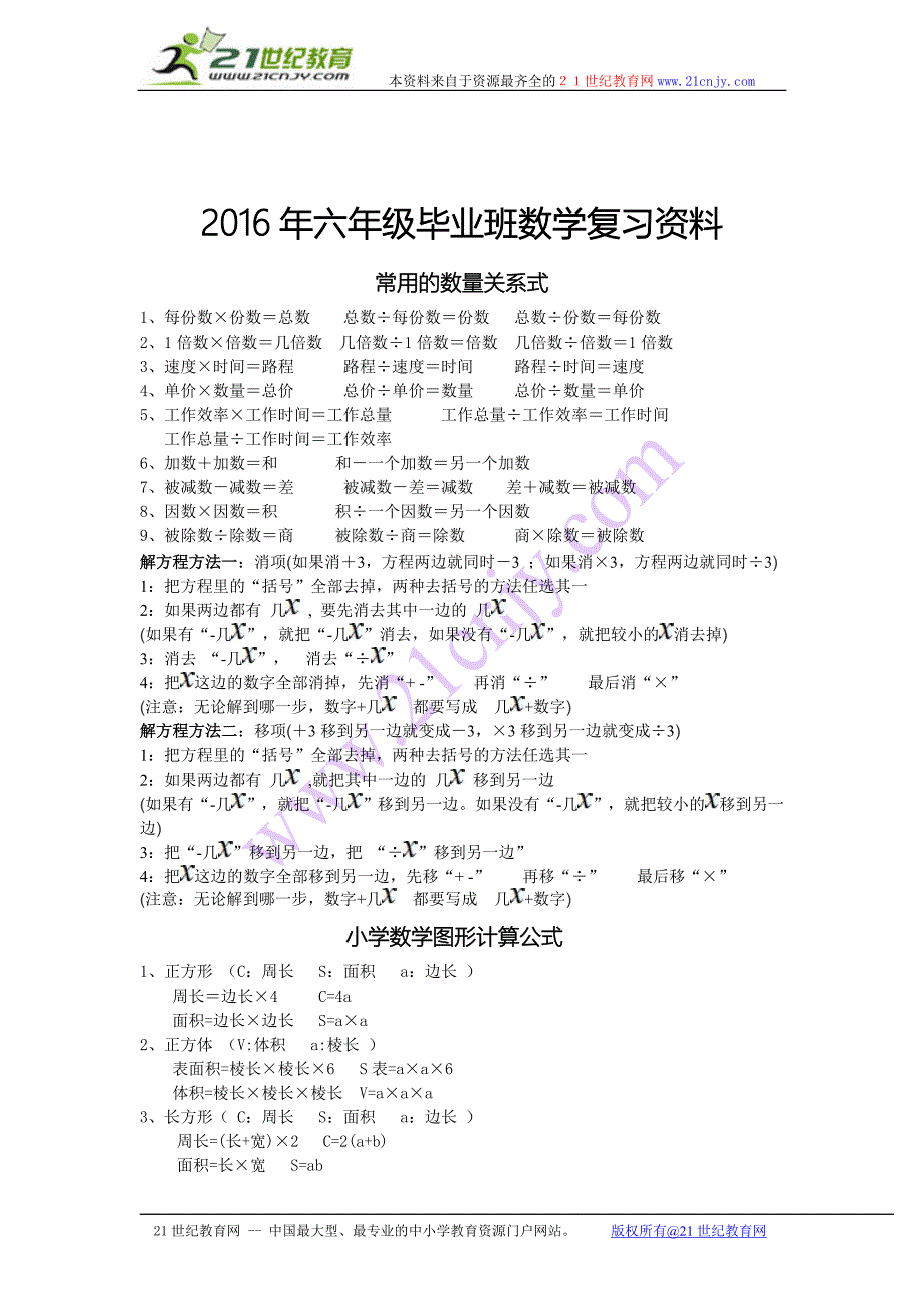 2016新人教版六年级数学毕业总复习资料_第1页