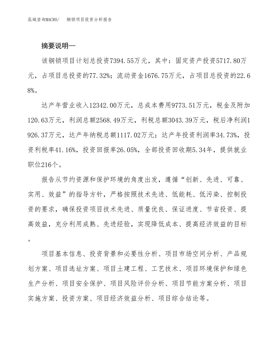 铜锁项目投资分析报告(总投资7000万元)_第2页