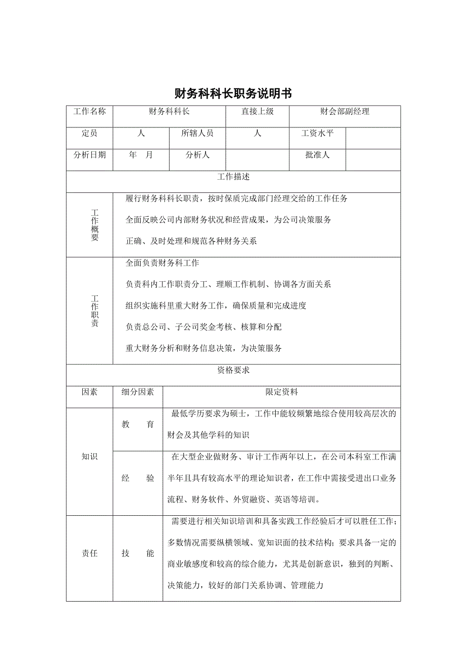 财务科科长的职务说明书_第1页