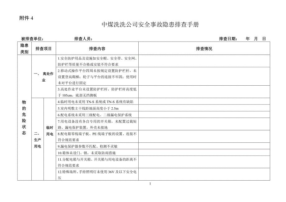 中煤洗洗公司安全事故隐患排查手册修订概要