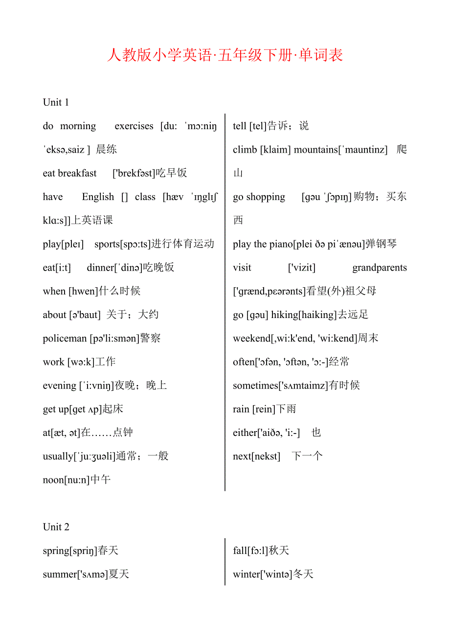 最新人教版pep小学英语五年级下册单词表_第1页