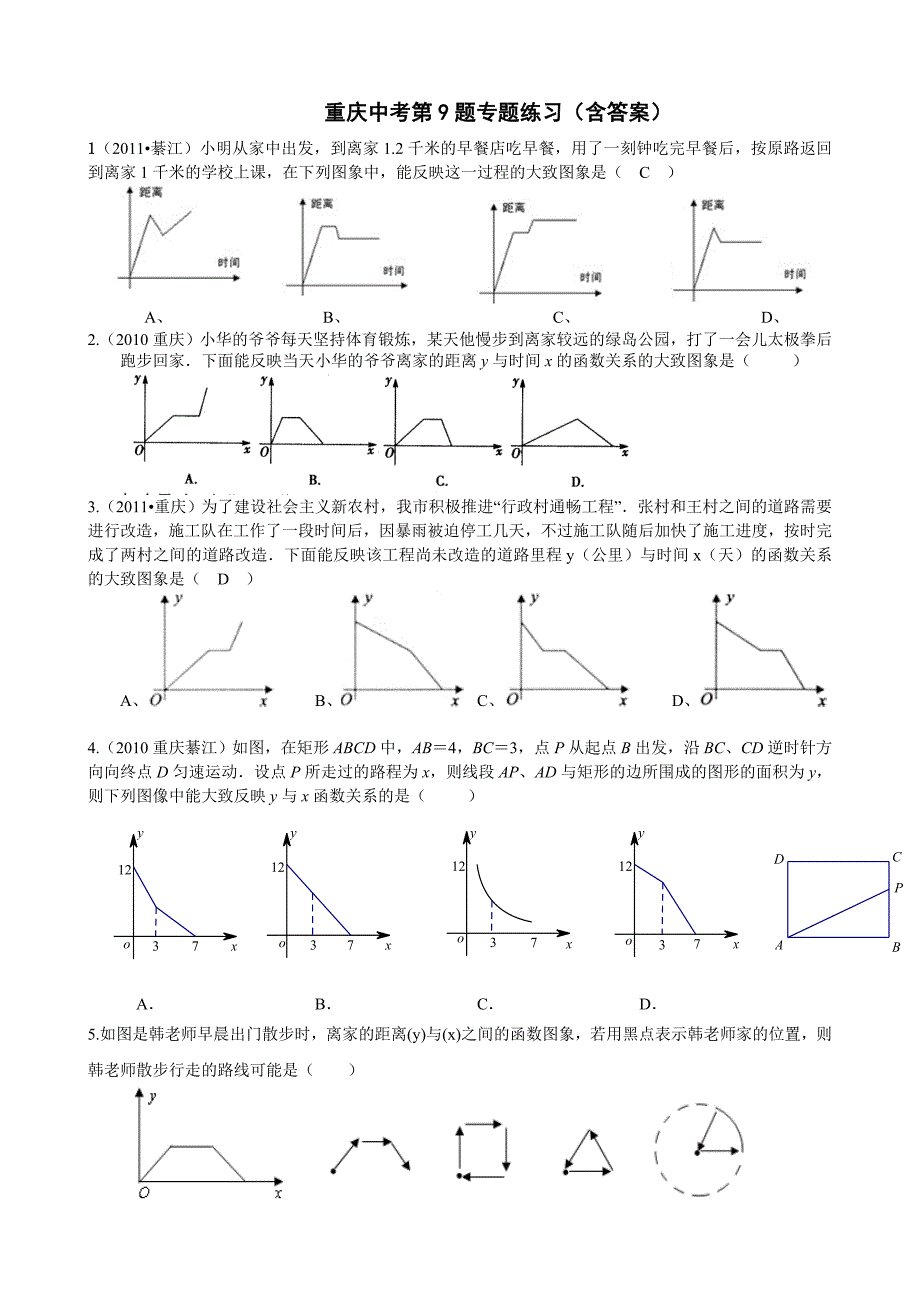 2012重庆中考数学第9题函数图像与几何图形运动实际问题综合修改版_第1页
