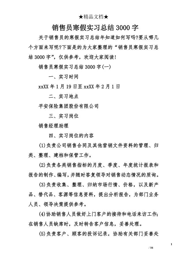 销售员寒假实习总结3000字