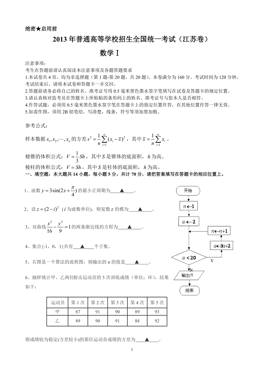 2013年江苏高考数学试题(含理科附加题)全word版_第1页