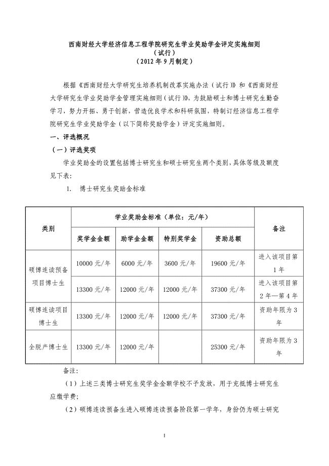 西南财经大学公共管理学院研究生学业奖学金评定实施细则