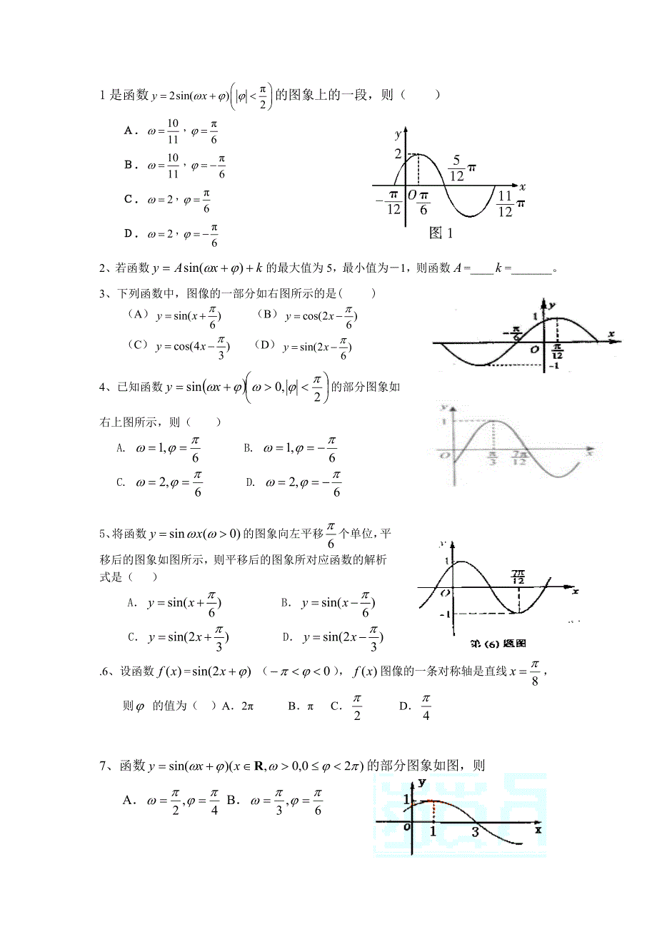 20道利用三角函数图像求解析式习题_第1页