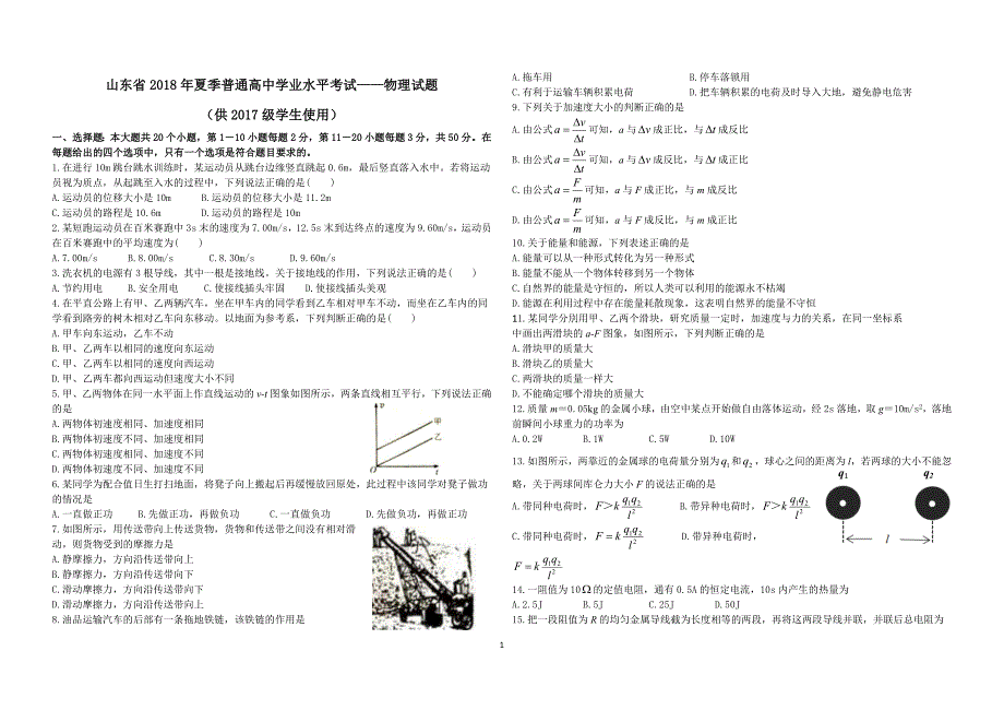 山东省2018年夏季普通高中学业水平考试(含答案)_第1页