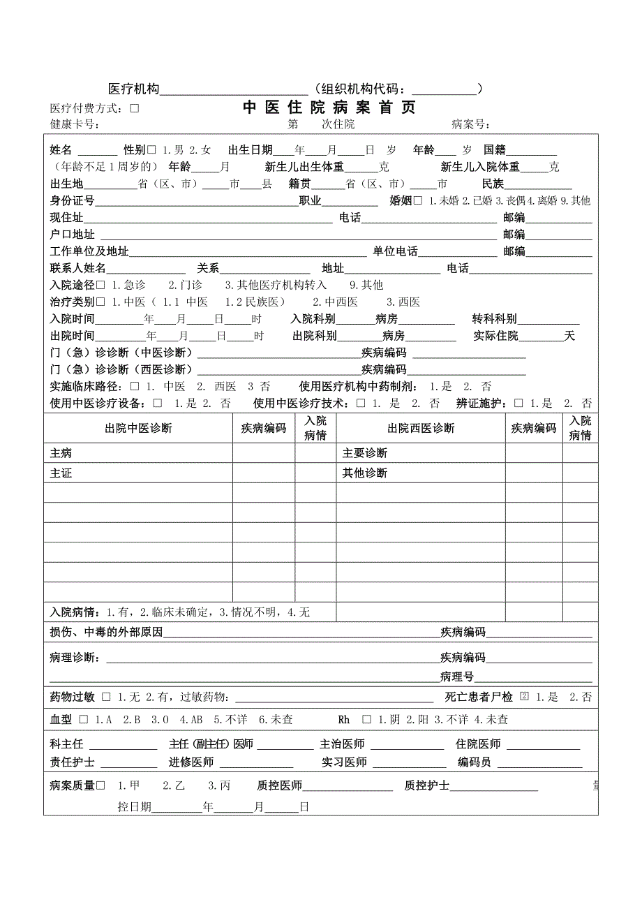 住院病案首页手写模板_第1页