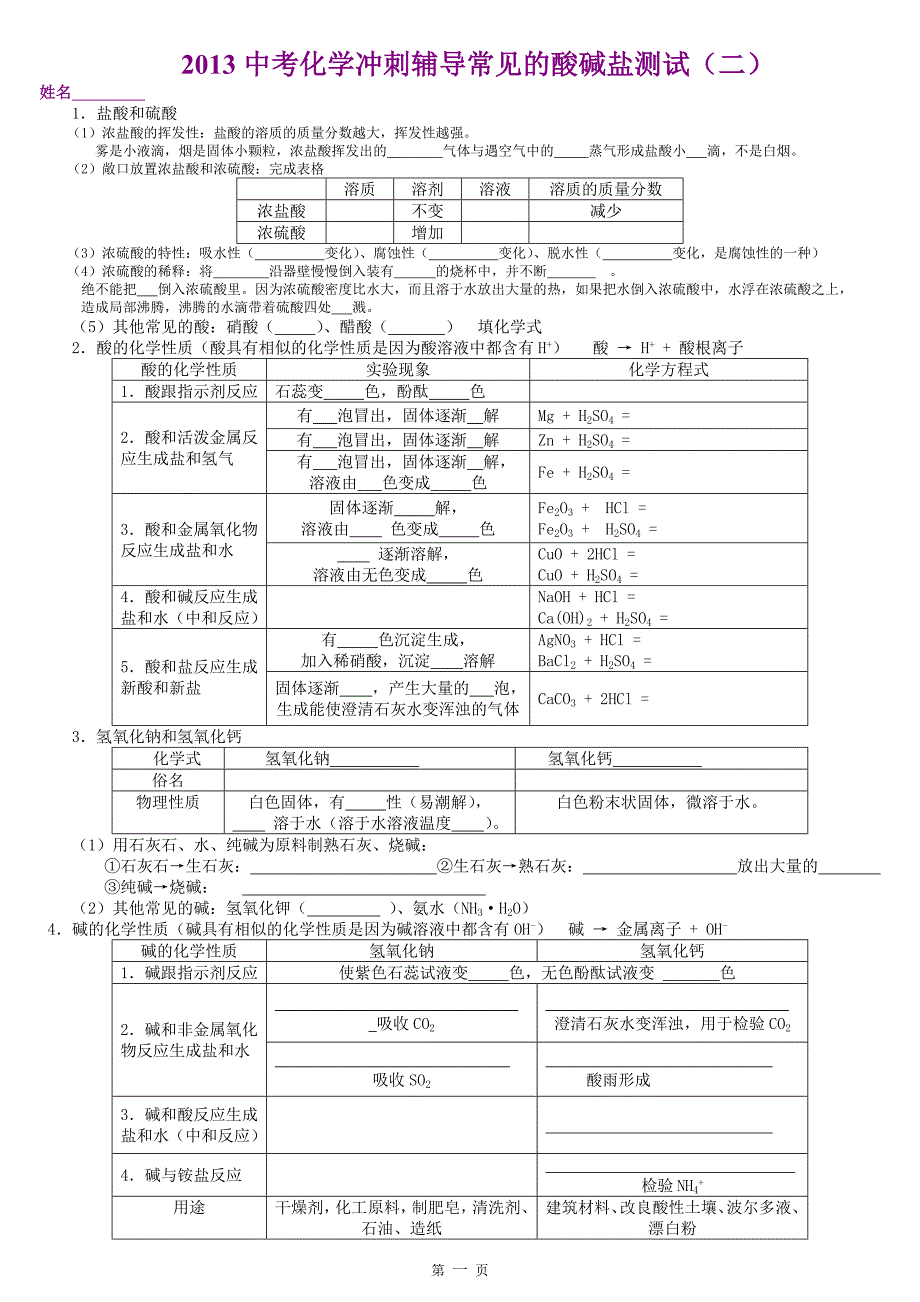 2013中考化学冲刺辅导常见的酸碱盐知识点和答案二_第1页