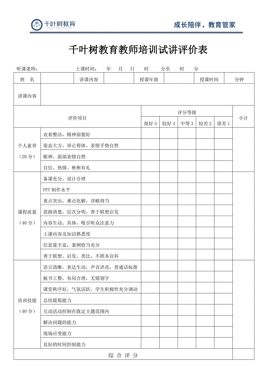 老师培训试讲评价表_第1页